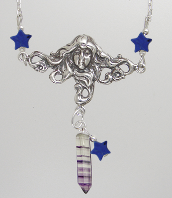 Sterling Silver Woman Maiden of the Morning Star Necklace With Fluorite And Lapis Lazuli Stars